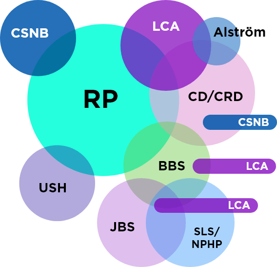 Venn diagram with overlapping circles labeled with gene variants. Gene variants are CSNB, RP, LCA, Alström, US, CD/CRD, CSNB, BBS, LCA, JBS, LCA, and SLS/NPHP.